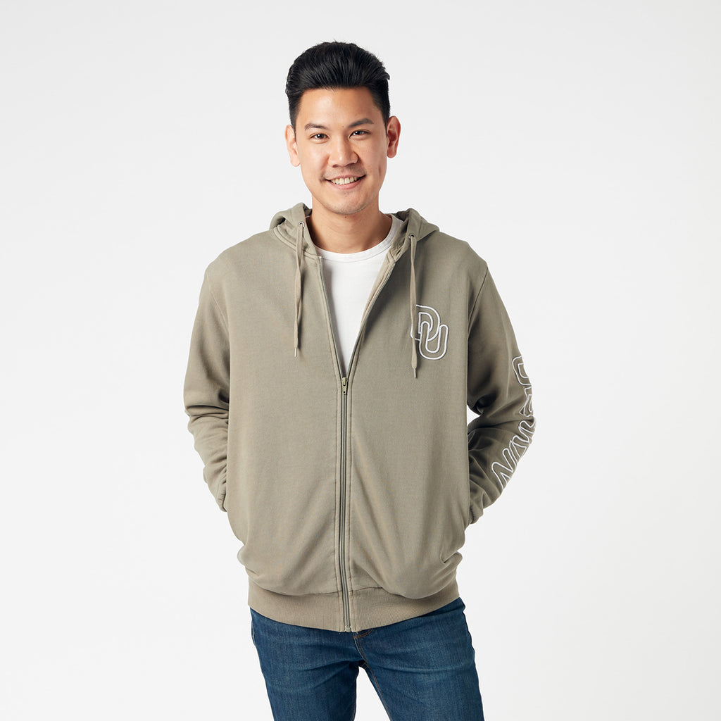Unisex embroidered zip thru hoodie - Khaki